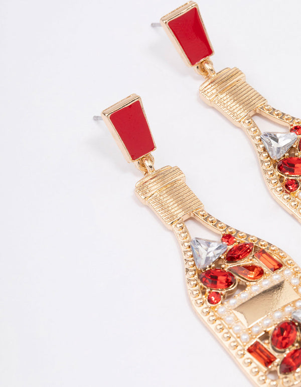 Gold Red Diamante Glitter Wine Bottle Drop Earrings