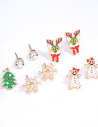 Gold Gingerbread Man & Snowflake Stud Earrings 5-Pack - link has visual effect only