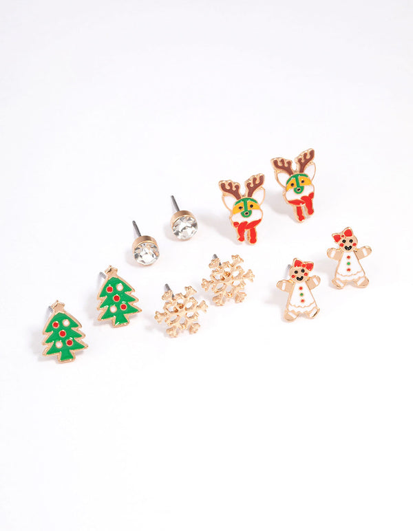 Gold Gingerbread Man & Snowflake Stud Earrings 5-Pack