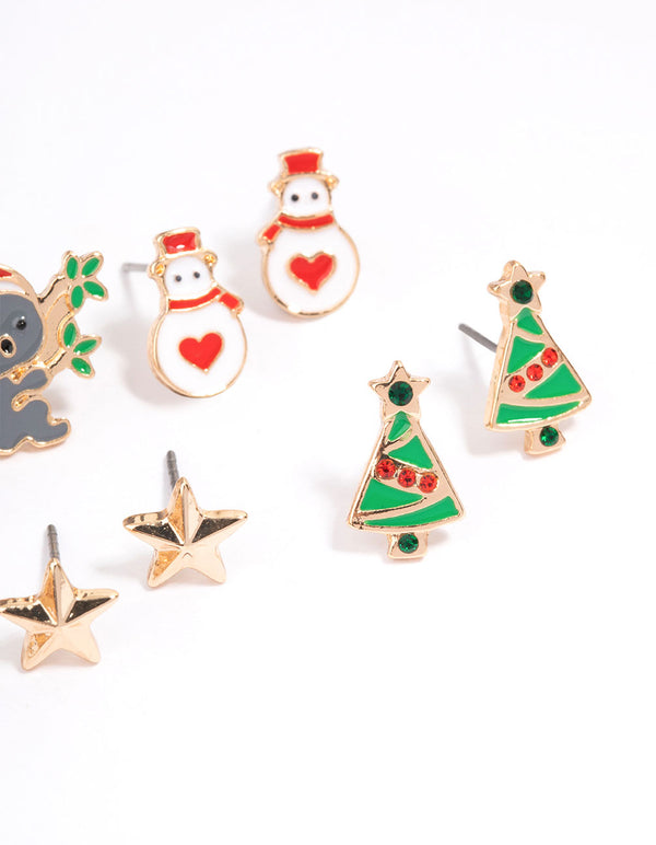 Gold Koala & Reindeer Earrings 5-Pack