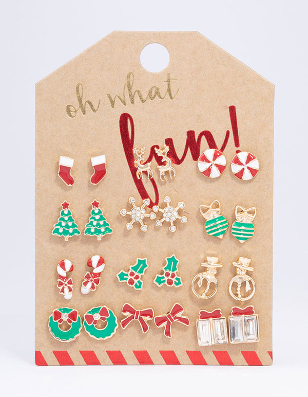 Gold Candy Cane & Bow Stud Earrings 12-Pack