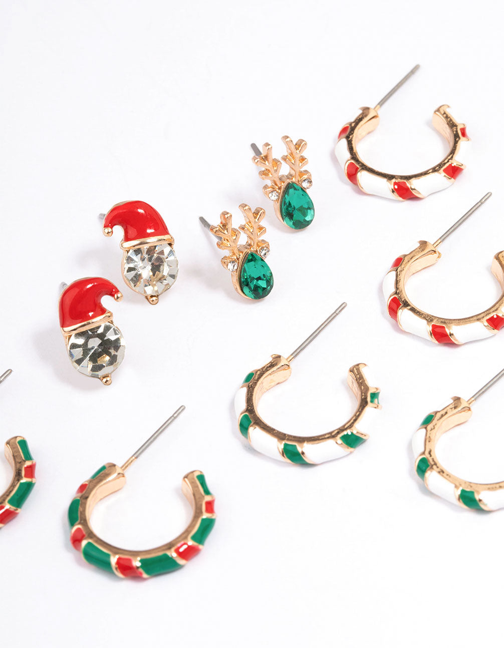 Gold Candy Cane Stud & Hoop Earrings 6-Pack