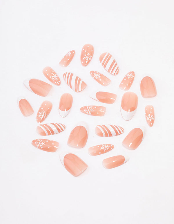 Pink Striped Snowflake Press On Nails