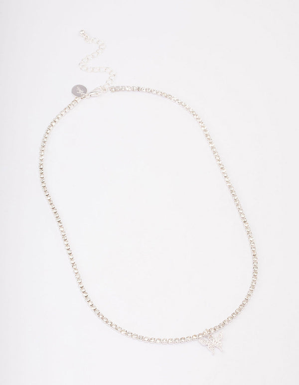 Silver Cup Chain Diamante Butterfly Necklace