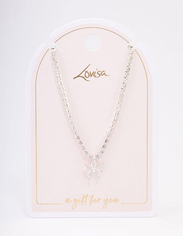Silver Cup Chain Diamante Butterfly Necklace