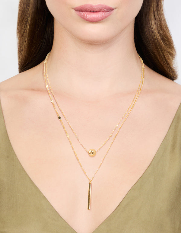 Gold Bar & Ball Double Chain Short Layered Necklace