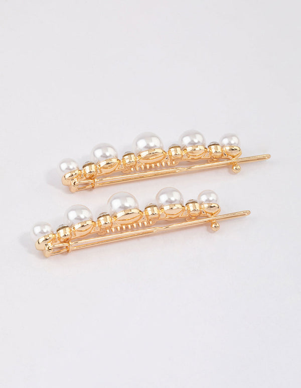 Gold Pearl & Diamante Hair Slide Pack