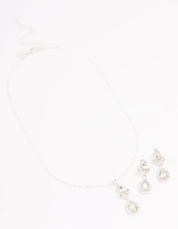 Silver Diamante Leaf Pearl Jewellery Set