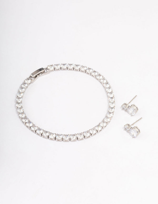 Silver Cubic Zirconia Round Graduating Earrings & Tennis Bracelet Set