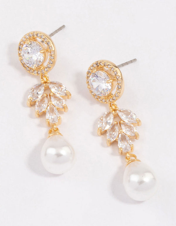 Gold Plated Round Leaf & Pearl Drop Earrings