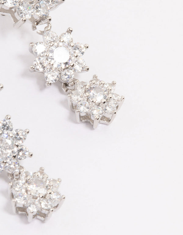 Silver Cubic Zirconia Drop Flower Earrings