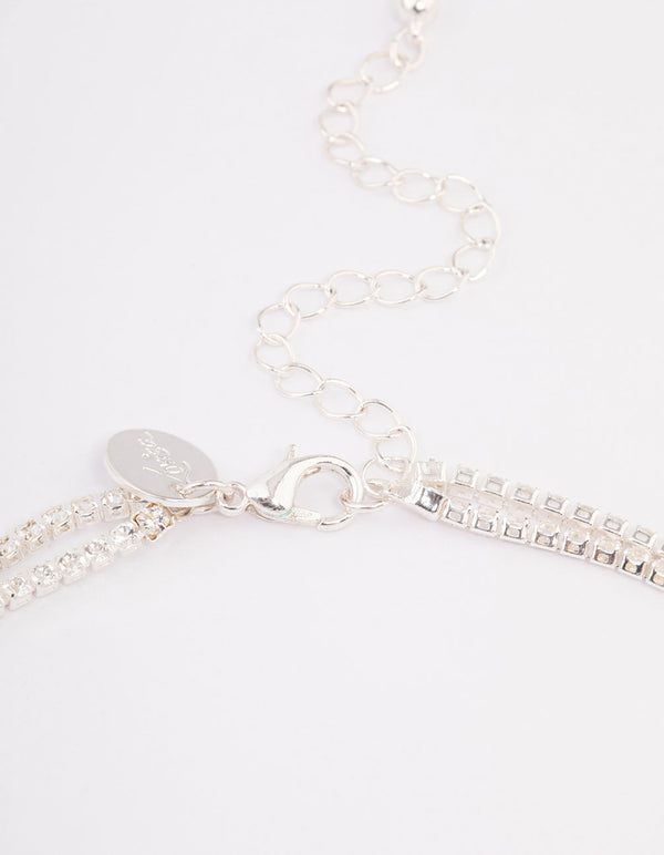 Silver Cubic Zirconia Multi-Row Pearl Necklace