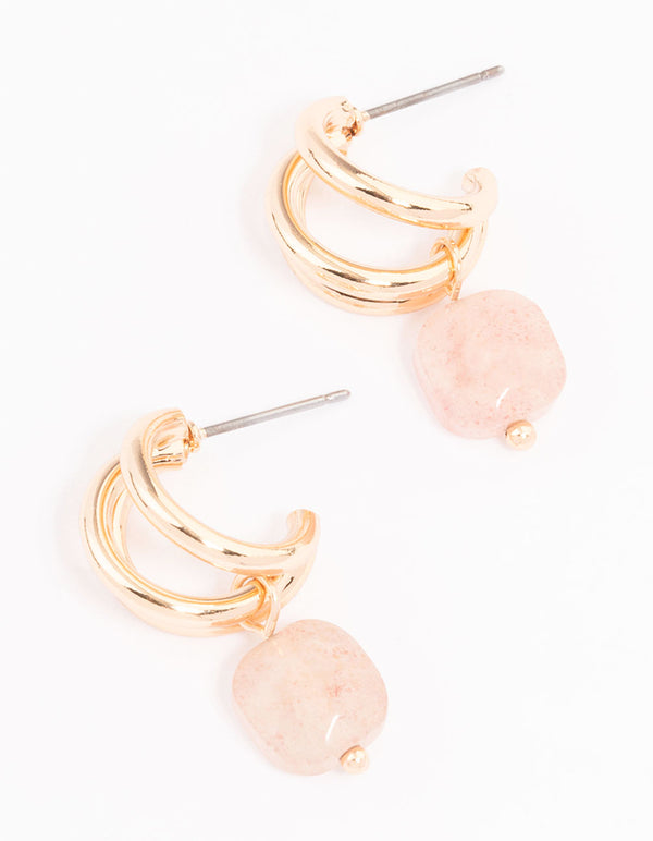 Gold Triple Hoop Square Pendant Earrings