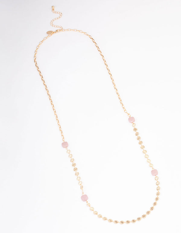 Gold Rose Quartz Textured Disc Long Necklace