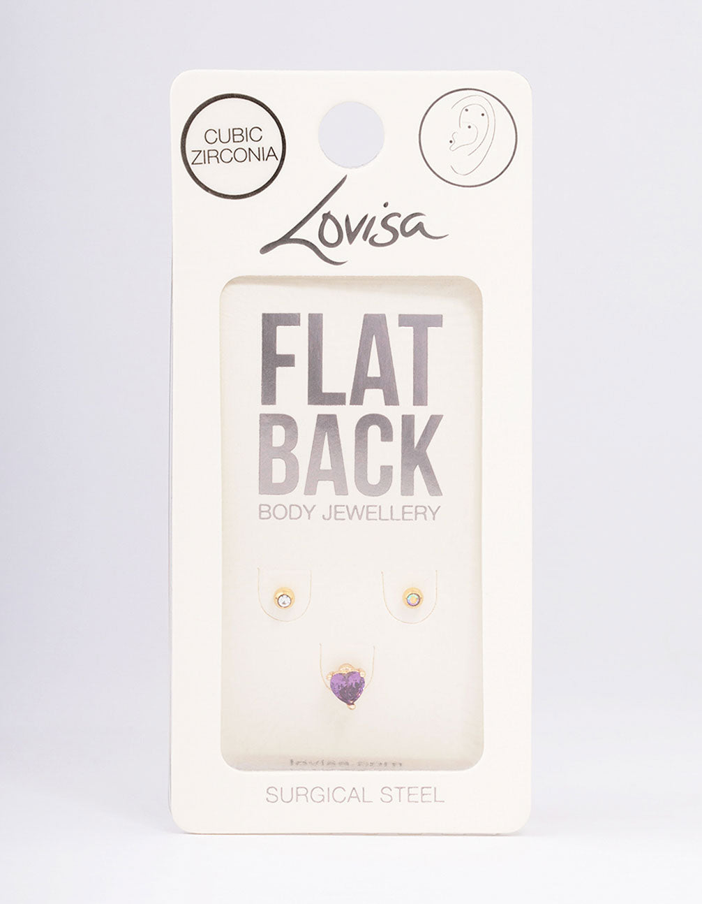 Gold Plated Surgical Steel Heart Round Cubic Zirconia Flat Back 3-Pack