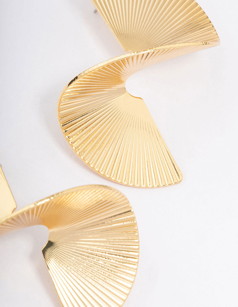 Gold Plated Twisted Fan Statement Stud Earrings