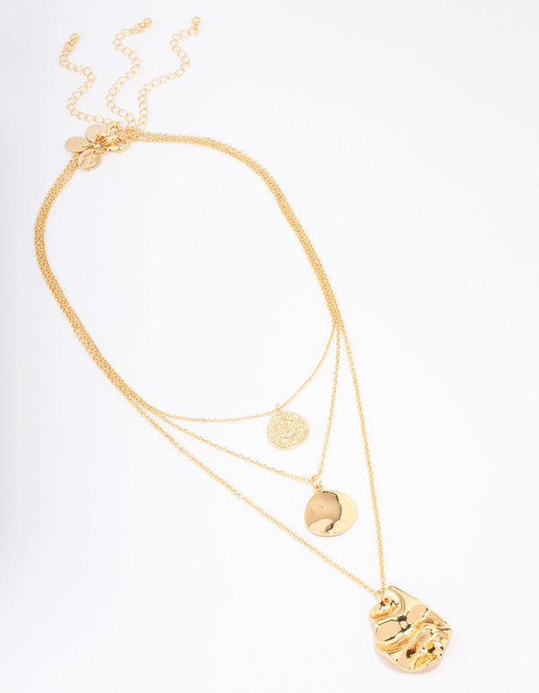 Gold Plated Trio Layered Molten Disc Necklace