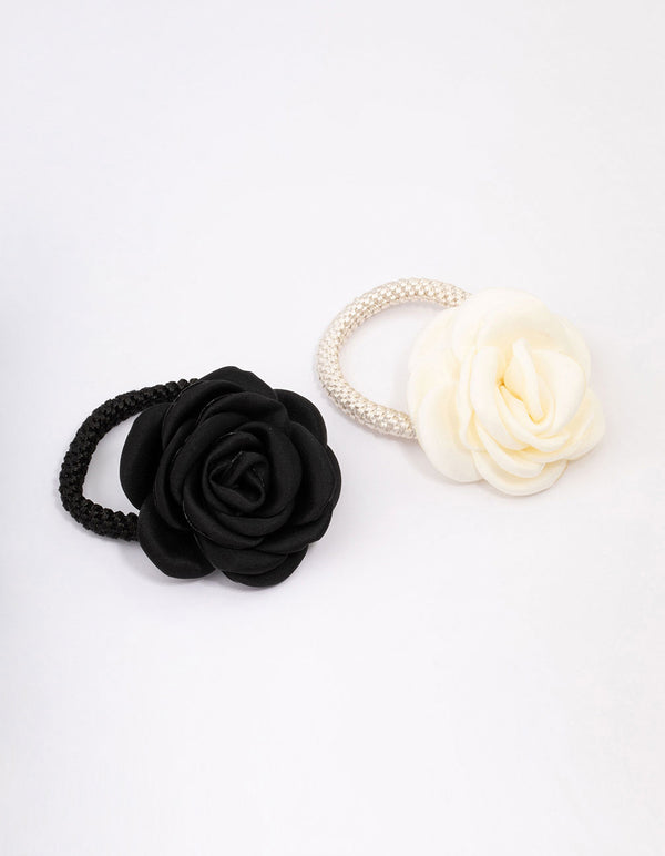 White & Black Fabric Flower Hair Elastic Pack