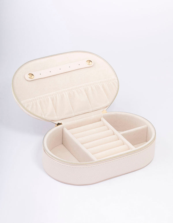 Cream Faux Leather Oval Compact Jewellery Box