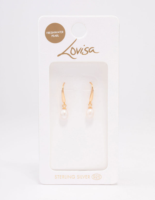 Gold Plated Sterling Silver Freshwater Pearl Fish Hook Earrings