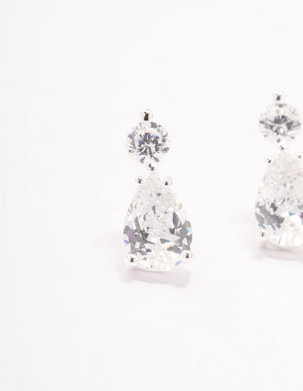 Sterling Silver Round Cubic Zirconia Pear Drop Earrings