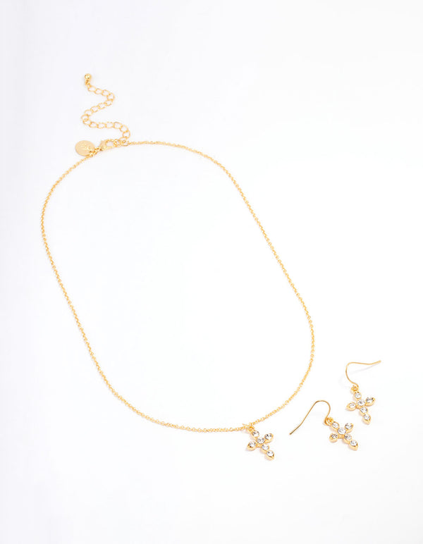 Gold Plated Diamante Cross Jewellery Set