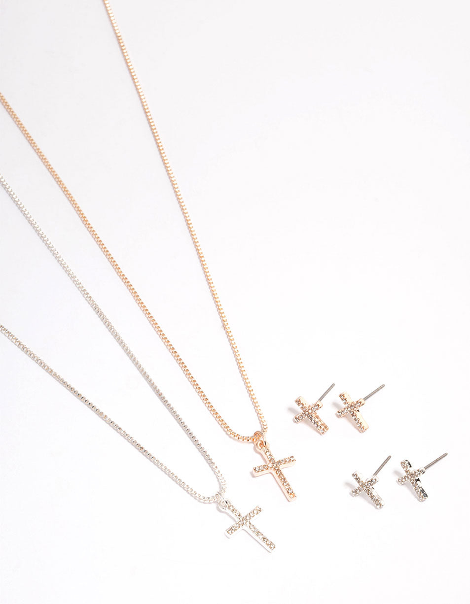 Mixed Metal Diamante Cross Jewellery Set Pack
