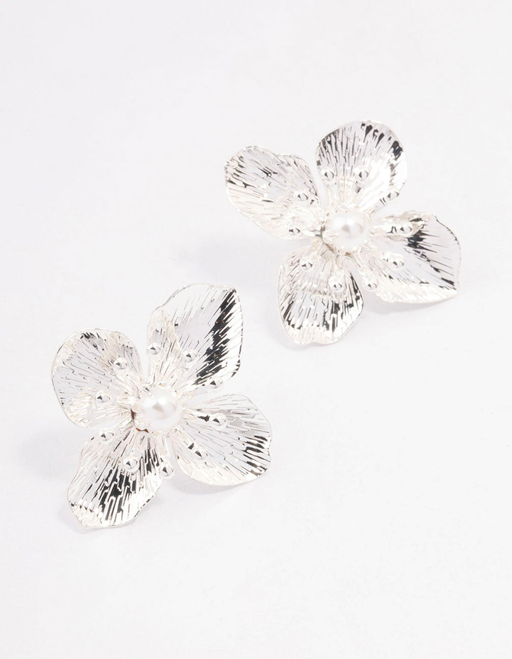 Silver Pearl Large Flower Stud Earrings