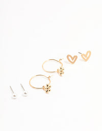 Gold Pearl Heart Flower Earrings 3-Pack - link has visual effect only