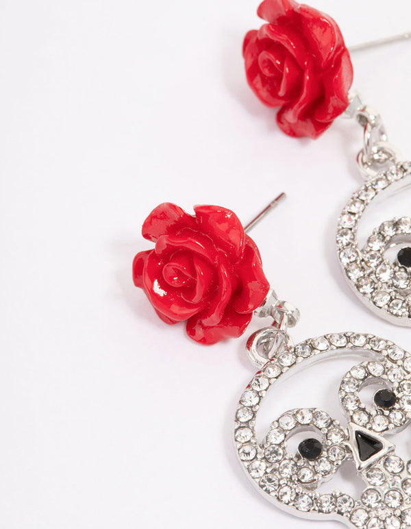 Silver Floral Skull Drop Earrings