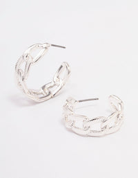 Silver Textured Link Hoop Earrings - link has visual effect only