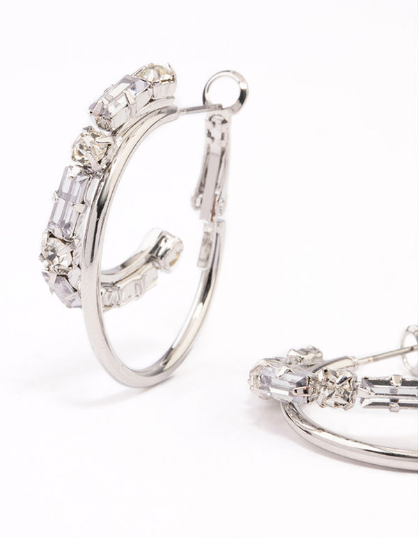 Silver Diamante Double Row Hoop Earrings