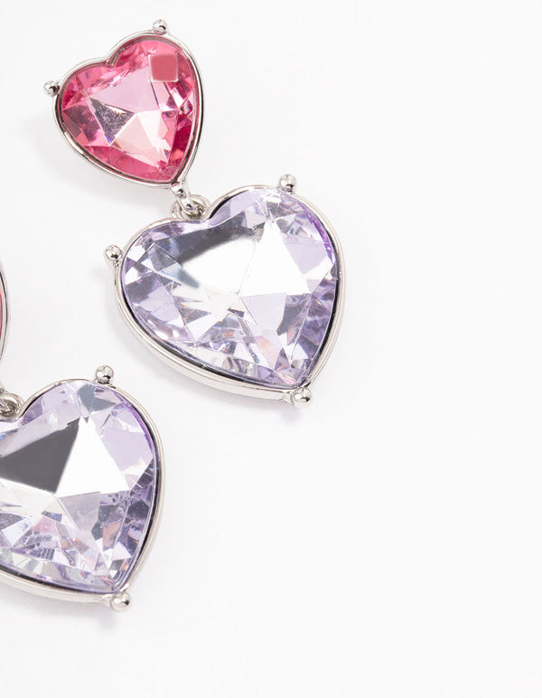 Pink & Purple Small Double Heart Drop Earrings