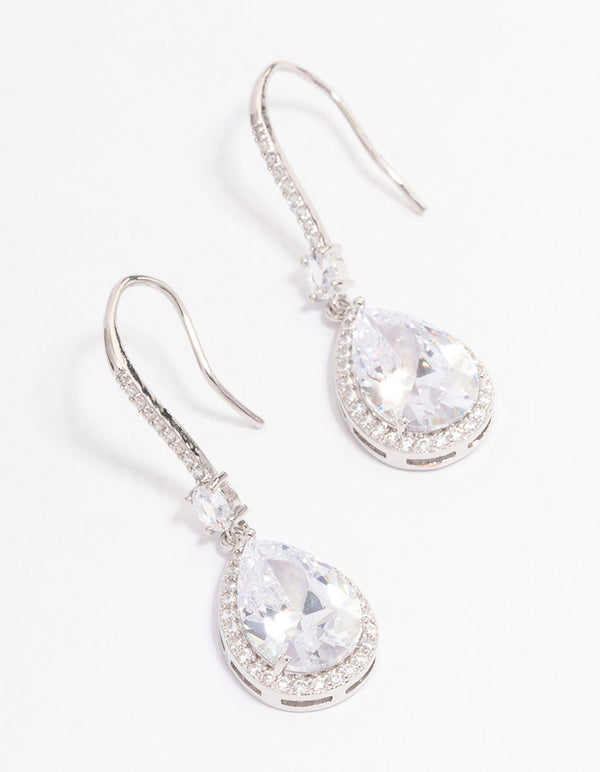 Rhodium Cubic Zirconia Pear Diamante Hook Drop Earrings