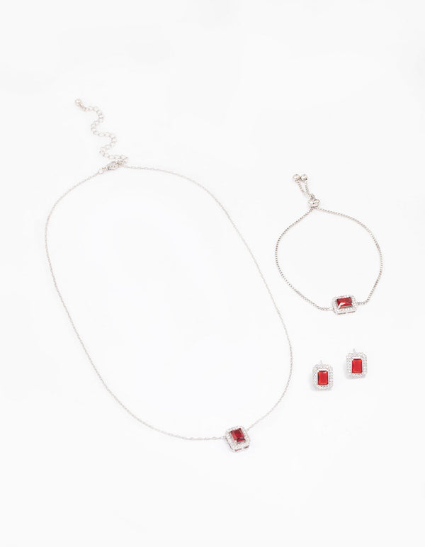 Silver Ruby Diamond Simulant Halo Jewellery Set
