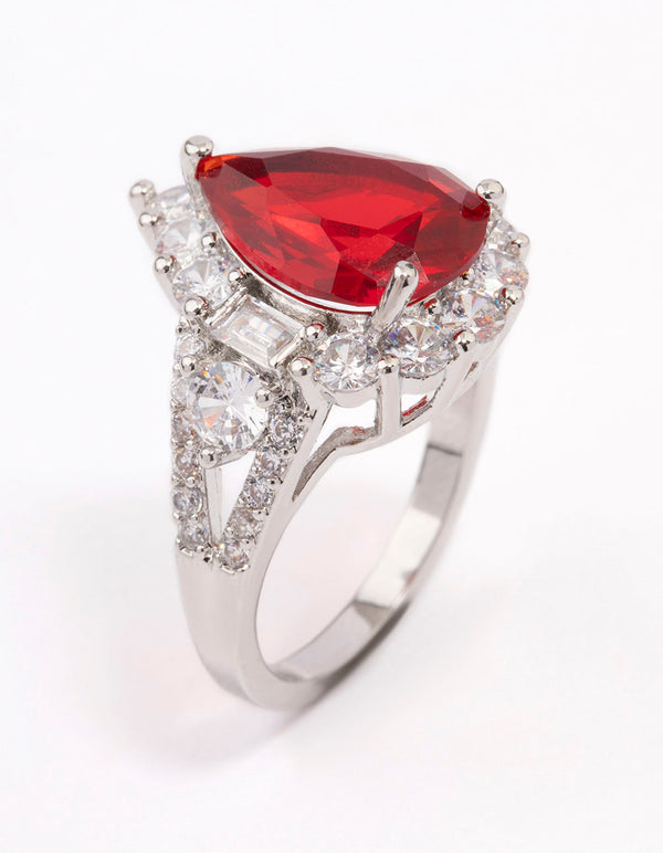 Silver Red Pear Cubic Zirconia Cocktail Ring