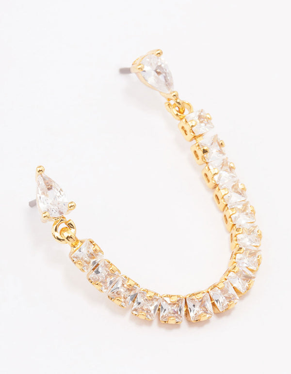 Gold Plated Double Cubic Zirconia Chain Stud Earrings
