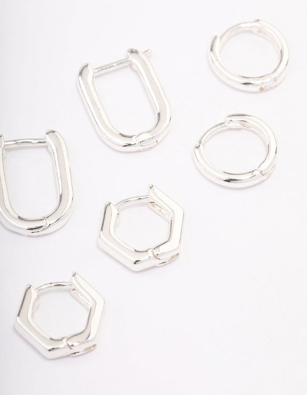 Silver Plated Brass  Hexagon Hoop Earrings Pack