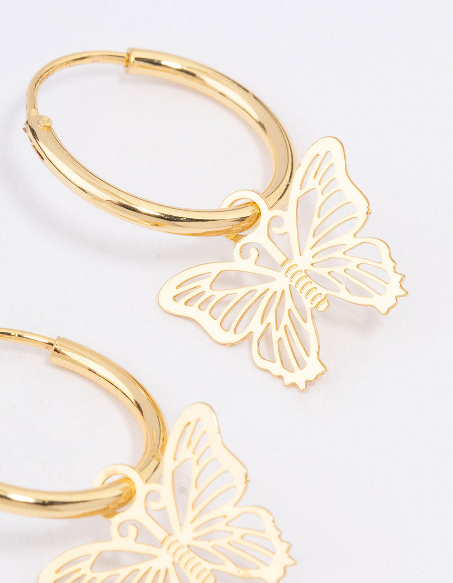 Gold Plated Filigree Butterfly Hoop Earrings