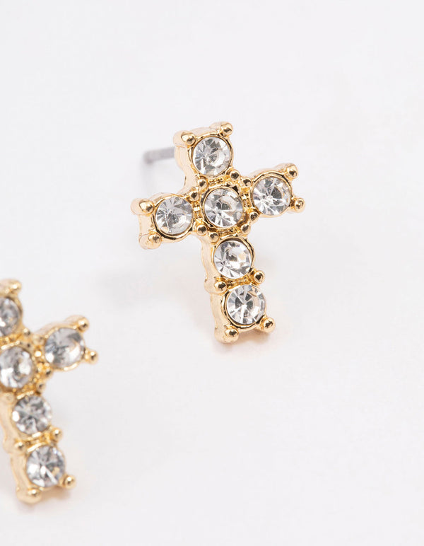 Gold Plated Diamante Cross Stud Earrings