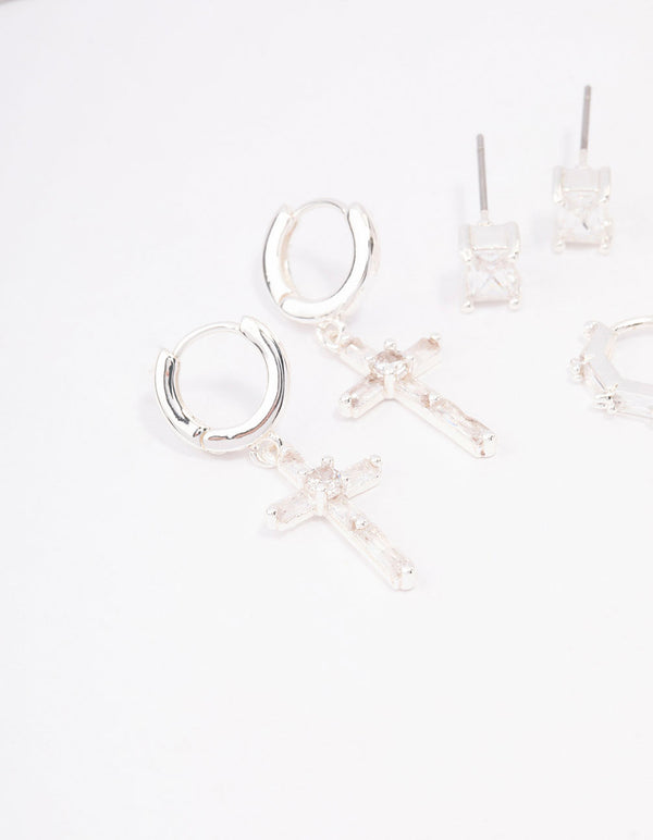 Silver Plated Cubic Zirconia Baguette Cross Earrings 3-Pack