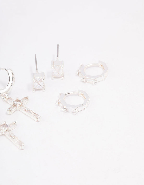 Silver Plated Cubic Zirconia Baguette Cross Earrings 3-Pack