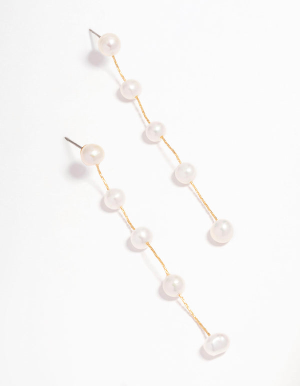Gold Plated Freshwater Pearl Long Drop Earrings