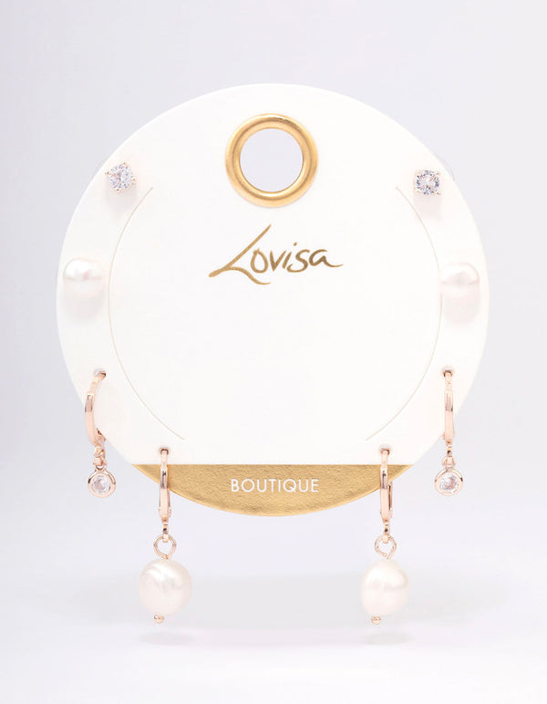Rose Gold Plated Freshwater Pearl & Cubic Zirconia Earring Pack