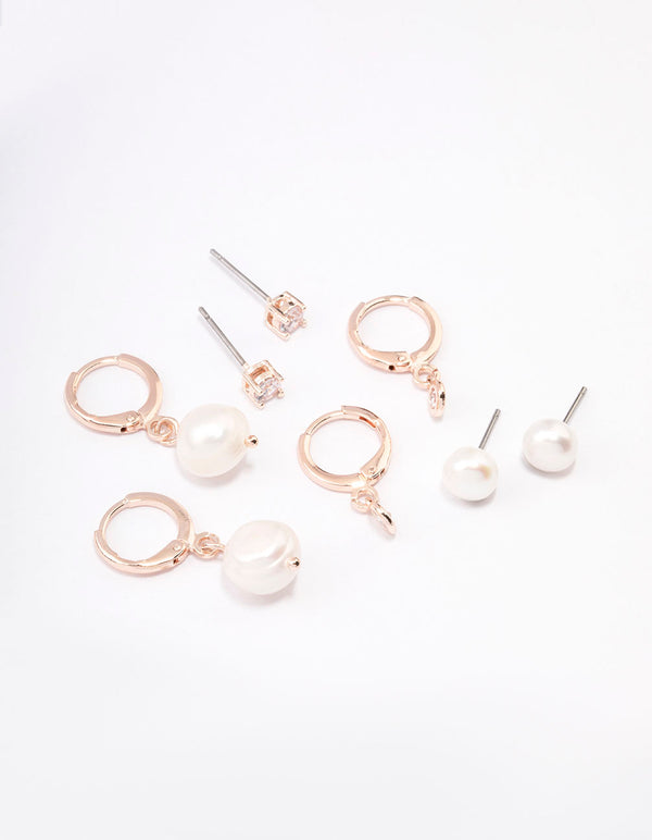 Rose Gold Plated Freshwater Pearl & Cubic Zirconia Earring Pack