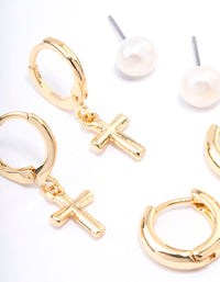 Gold Plated Cubic Zirconia & Freshwater Pearl Cross Earrings 4-Pack - link has visual effect only