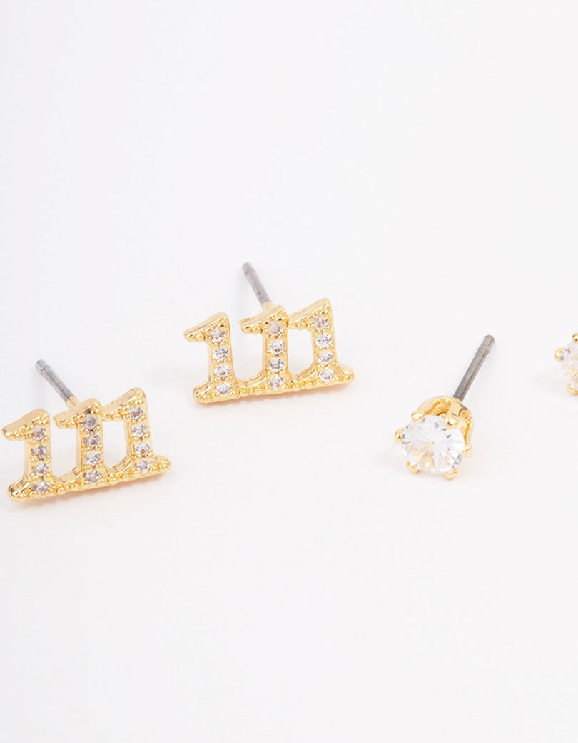 Gold Plated Cubic Zirconia Angel Number 111 Stud Earring Pack