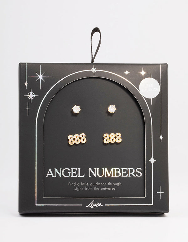 Gold Plated Cubic Zirconia Angel Number 888 Stud Earring Pack