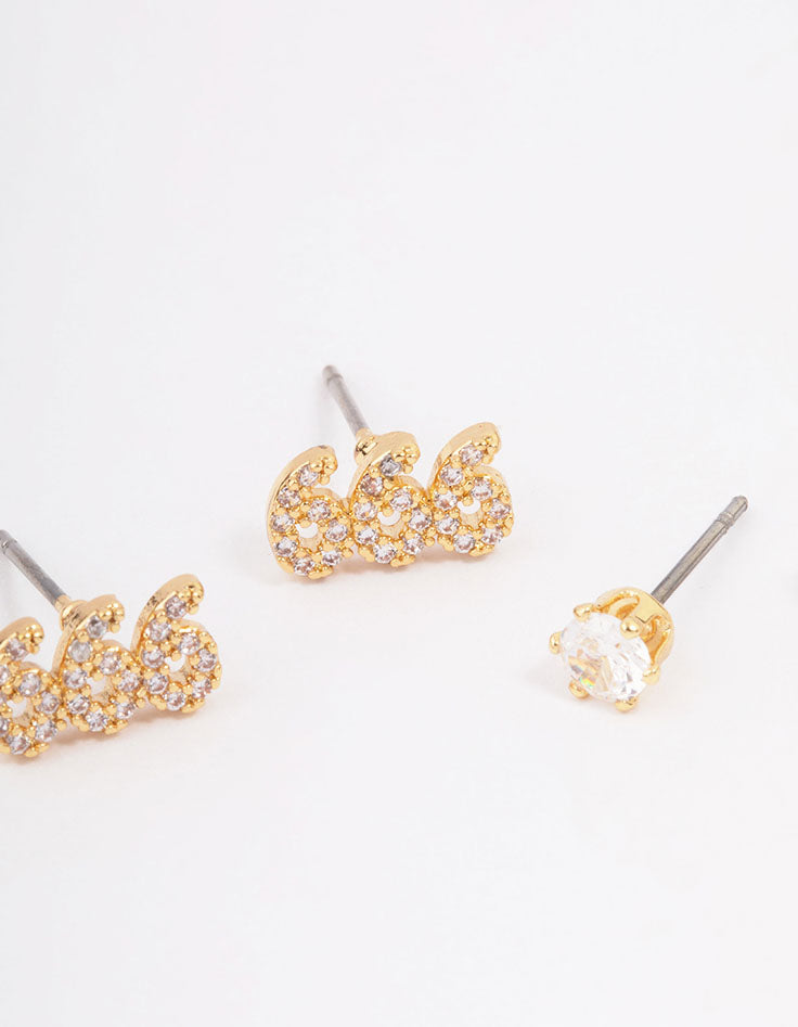 Gold Plated Cubic Zirconia Angel Number 666 Stud Earring Pack