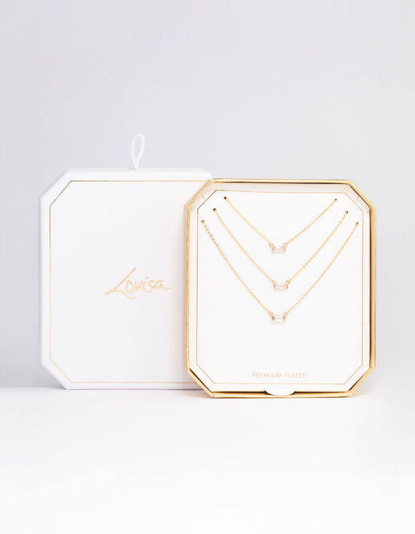 Gold Plated Cubic Zirconia Baguette Layered Necklace